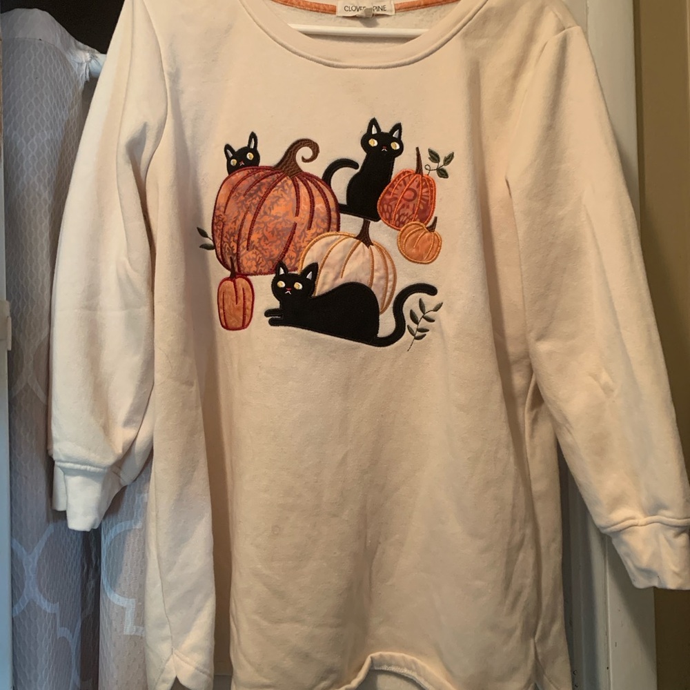 Cozy Cream Sweatshirt with Cats and Pumpkins